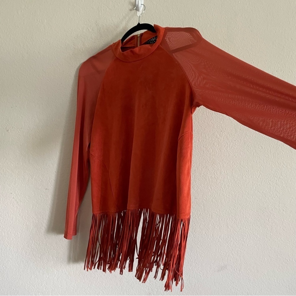 Midnight Velvet woman fringe orange top size XL sheer sleeve chic western - Picture 2 of 11
